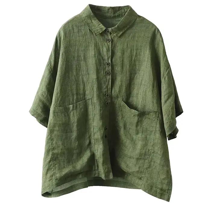 Chemisier femme 2025 printemps été couleur unie ample coton et lin dames hauts tempérament lin respirant dame chemise décontractée