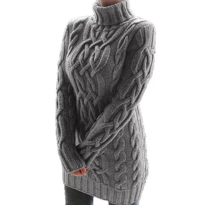 Automne hiver épaissir pull robes pour femmes col roulé à manches longues tricoté rétro chandails dames pulls