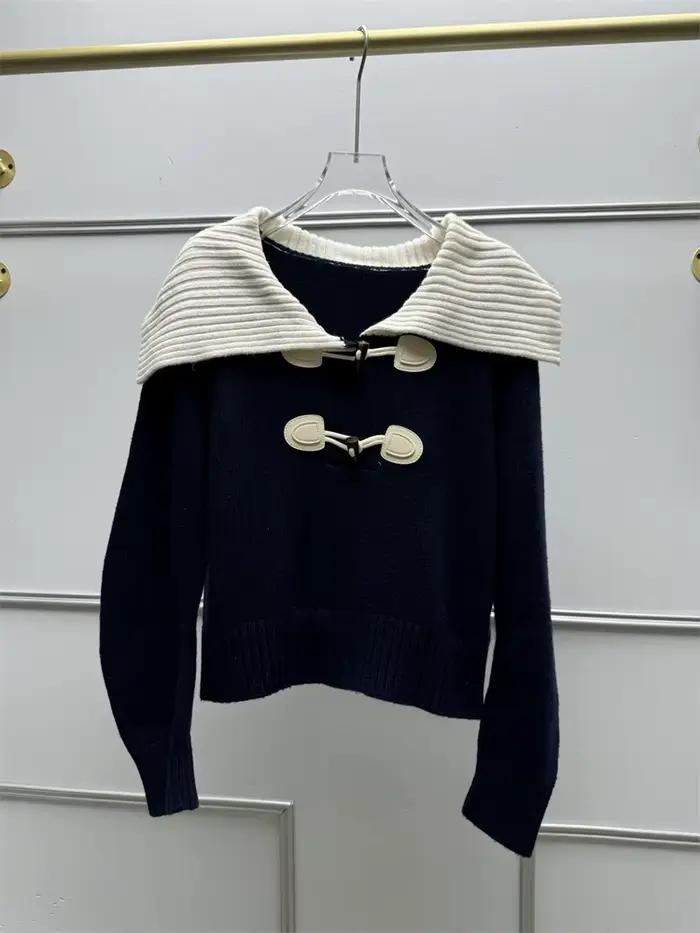 Pull tricoté en laine pour femmes, couleur contrastée, col marin, manches longues, boucle en corne, court, haut en tricot