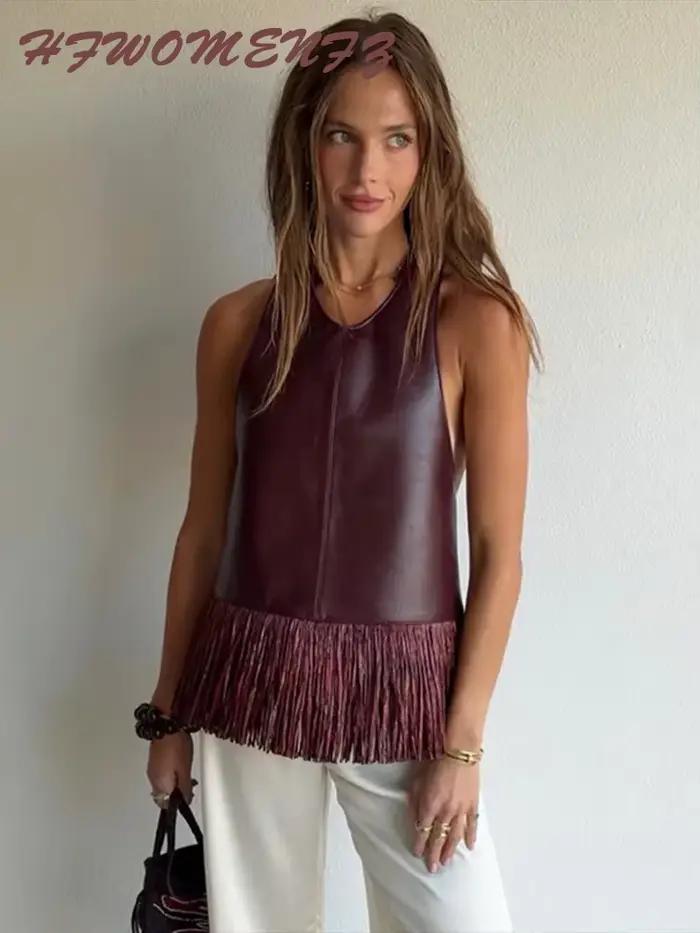 Haut halter en similicuir à franges et patchwork pour femmes occassions spéciales sorties nocturnes style sexy et club matière cuir PU polyester design unique dos nu Blanc Beige