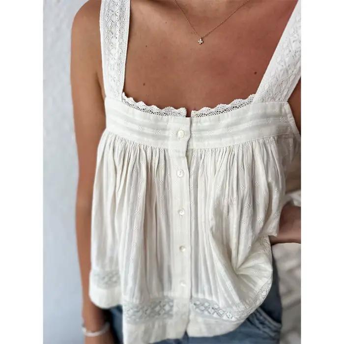 Femmes Kawaii Cottage dentelle à volants garniture débardeur Fairycore Sexy bouton avant col carré sans manches sortie Camis Boho gilet