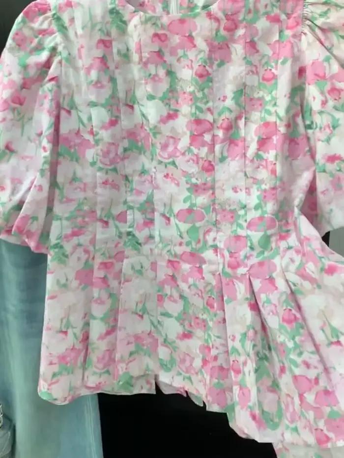 2026 Blouses Femme Tendance Col Rond Manches Courtes Amples Plissées à Motifs Floraux Rose Été Style Doux