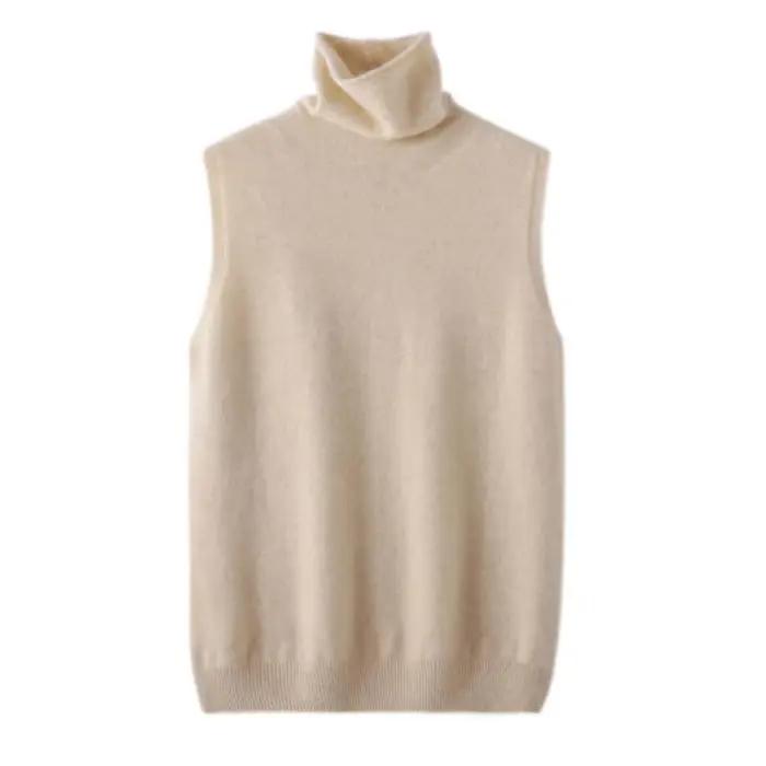 Femmes laine mérinos sans manches pulls col roulé pull gilet