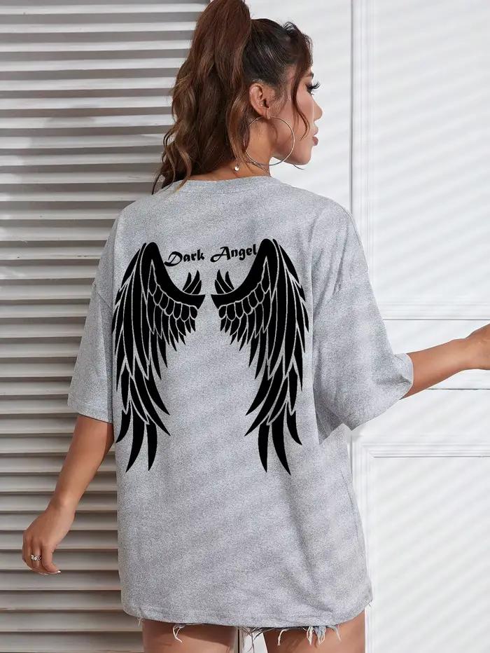 T-Shirt Dark Angel Wing pour Femmes, Imprimé en Coton, Style Streetwear pour Occasions Spéciales et Vie Quotidienne