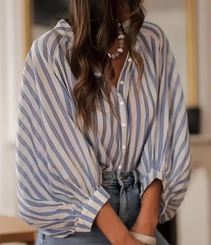 WXOY Chemisier Femme Rayé Bleu Manches Lanterne Chemise Boutonnée Vintage Décontracté Ample Bureau Hauts Élégants Oversize Printemps Automne