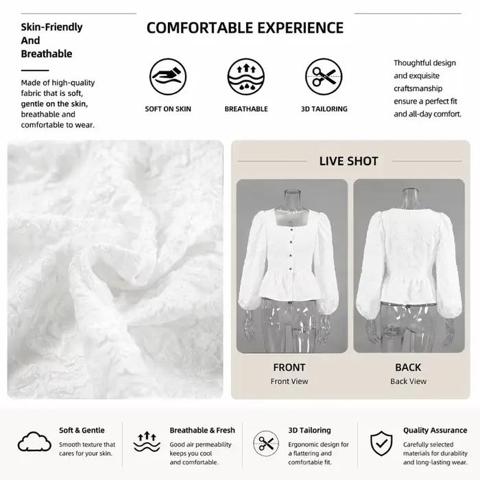 Blouse élégante de style français à col carré en tissu jacquard, tenue de style français avec manches bouffantes, coupe ajustée pour le bureau