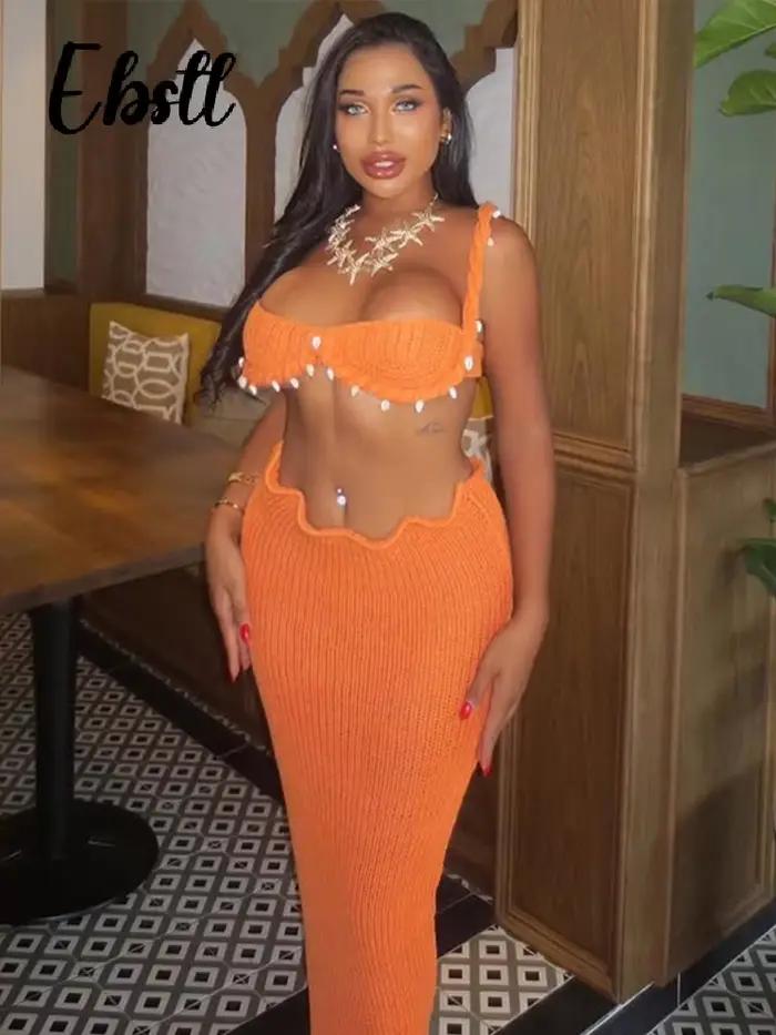 Ensemble sexy tricoté haut court et jupe longue fendue pour femme, débardeur sans manches dos nu, tenue de plage nouvelle collection 2026