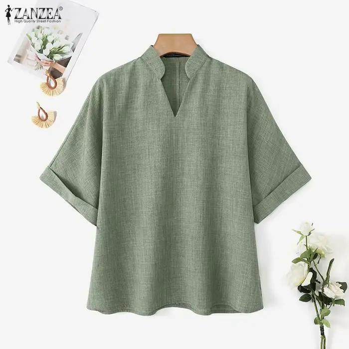 Élégantes Blouses ZANZEA pour Femmes – Col en V, Couleur Unie, Manches Mi-Longues, Style Streetwear, Idéales pour le Travail et les Fêtes, Coupe Ample