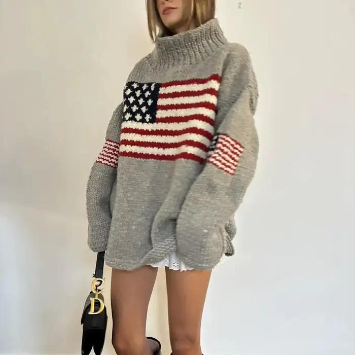 2025 Nouveau Style Européen et Américain Pull Col Haut Drapeau National Motif Creative Lâche Casual Top pour Hommes et Femmes