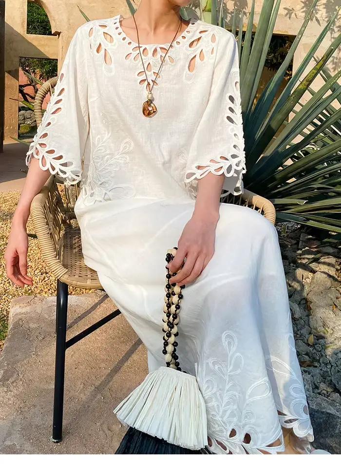 Nouvelle Blouse Bohème Broderie Style Français Femme Manches Évasées Blanche Ample Évidée Décontractée Été Sexy Vacances Hauts Féminins