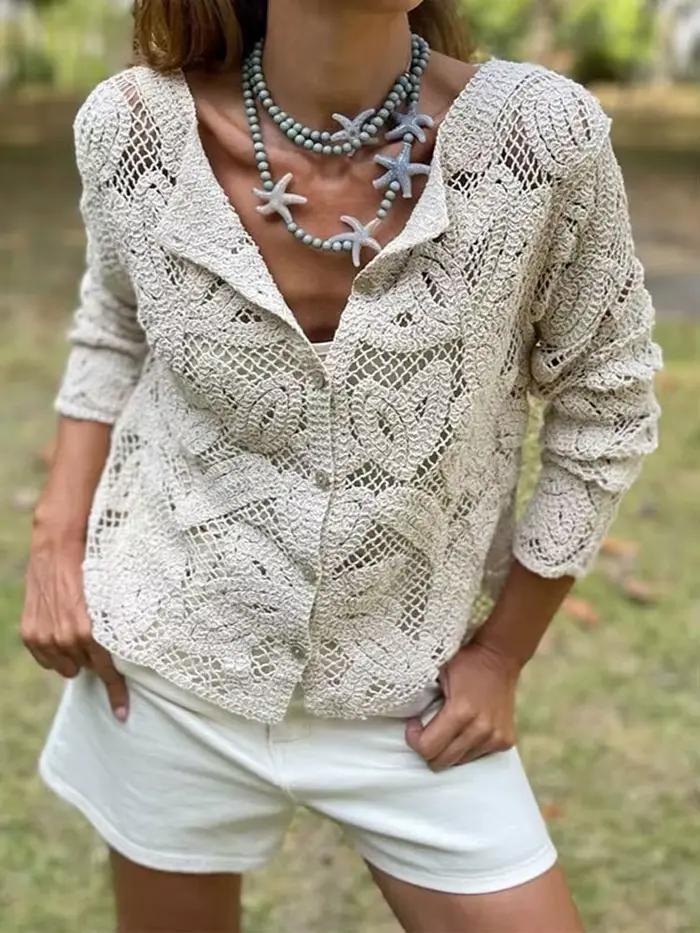 Élégant Beige décontracté évider chemises femmes Vintage crochet dentelle florale à manches longues bouton Blouse français hauts Blouses vêtements