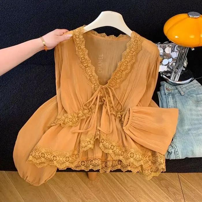 Chemisier Femme Été Broderie Française Dentelle Nœud Devant Coupe Ample Doux Élégant Luxueux Minimaliste Décontracté Niche Polyvalent