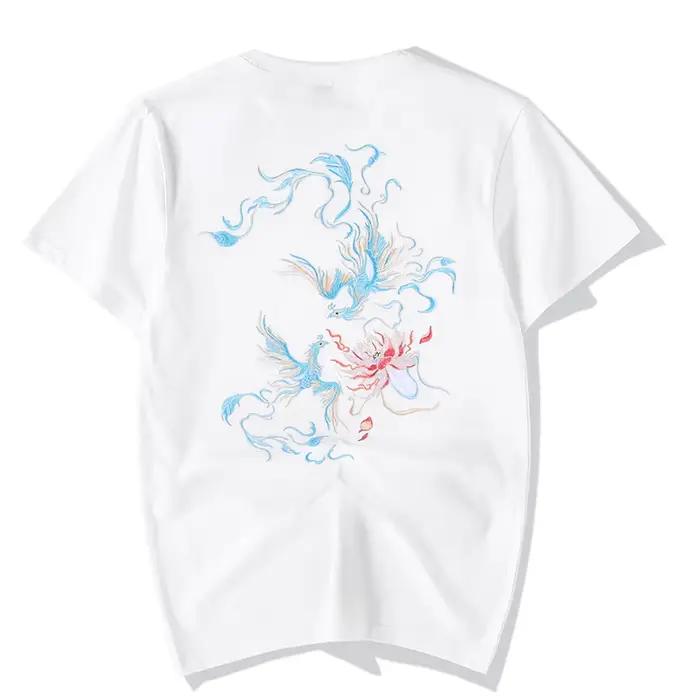 T-shirt homme en coton ample avec broderie phénix pour hommes jeunes et hipsters style chinois et streetwear pour occasions estivales et quotidiennes
