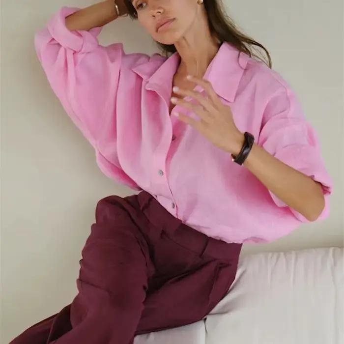 Ammug blanc chemise femme à manches longues élégant solide Blouse
