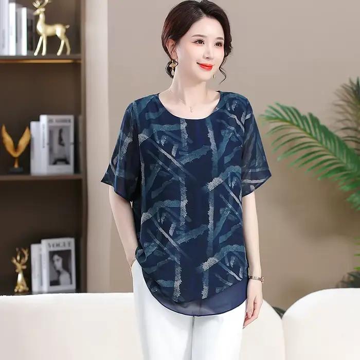 T-shirt à manches mi-longues en mousseline de soie pour femmes