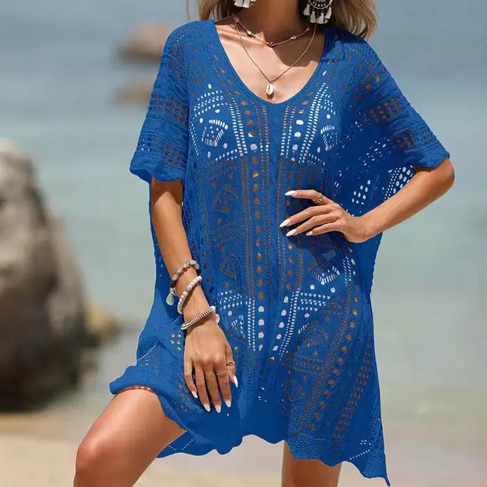 Tunique en tricot Pointelle style bohème chic pour femmes, col en V, ouverte, transparente, crochetage, plage, tenue de vacances, été