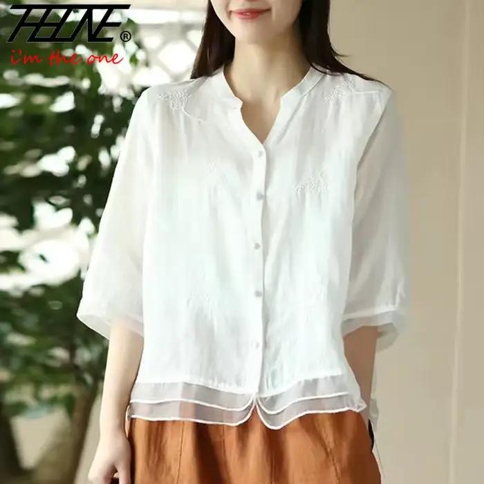 Chemisier Vintage en Coton et Lin pour Femme Décontracté avec Bouton Broderie Albesaine Solide Occasions Spéciales Printemps Ete