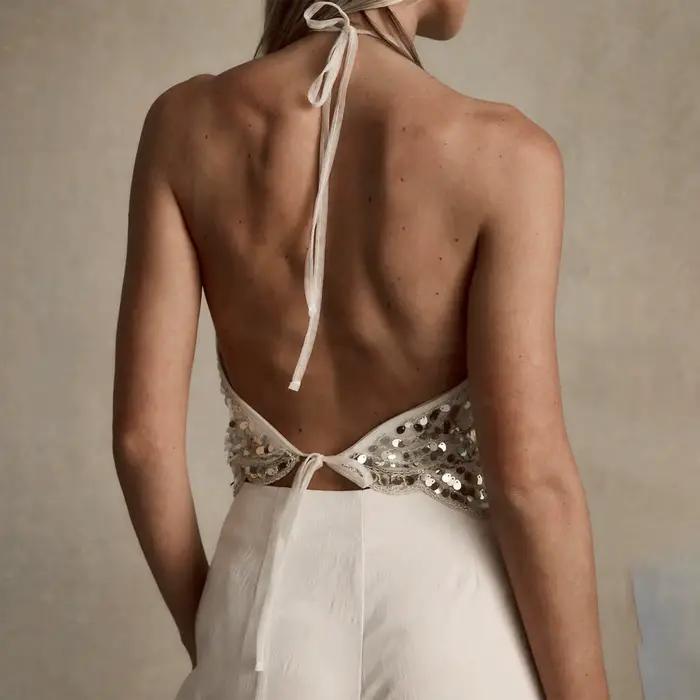Hirigin femmes licou paillettes débardeur dos nu cravate Sexy brillant haut court sans manches