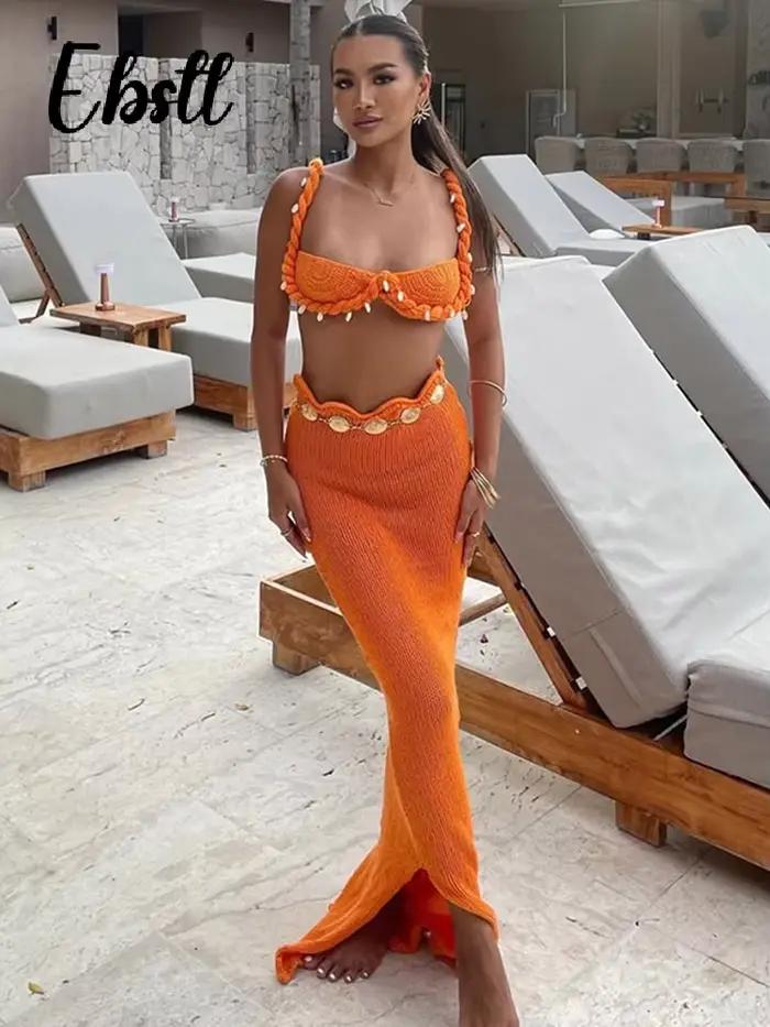 Ensemble sexy tricoté haut court et jupe longue fendue pour femme, débardeur sans manches dos nu, tenue de plage nouvelle collection 2026