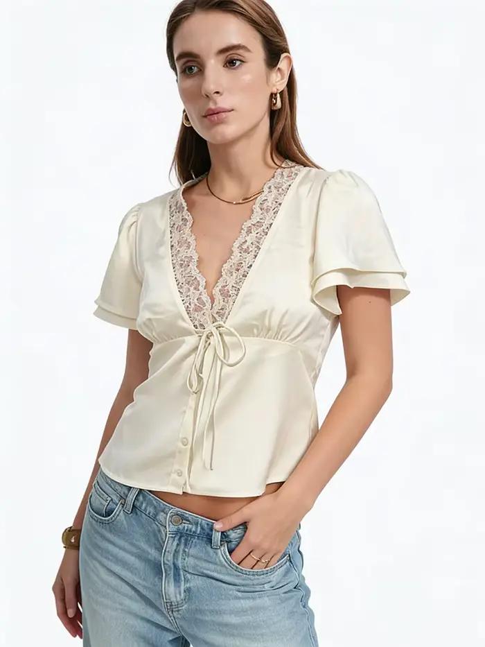 T-shirt en satin uni avec col en dentelle pour femmes, style streetwear élégant pour sorties nocturnes et occasions spéciales