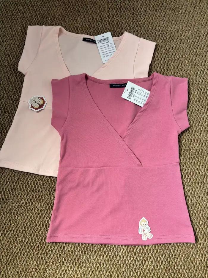 Nouveau Crop Top Rose Rouge Slim Femme Sexy Col V Manches Courtes Coton T-shirt Court Uni Décontracté Simple Doux Polyvalent