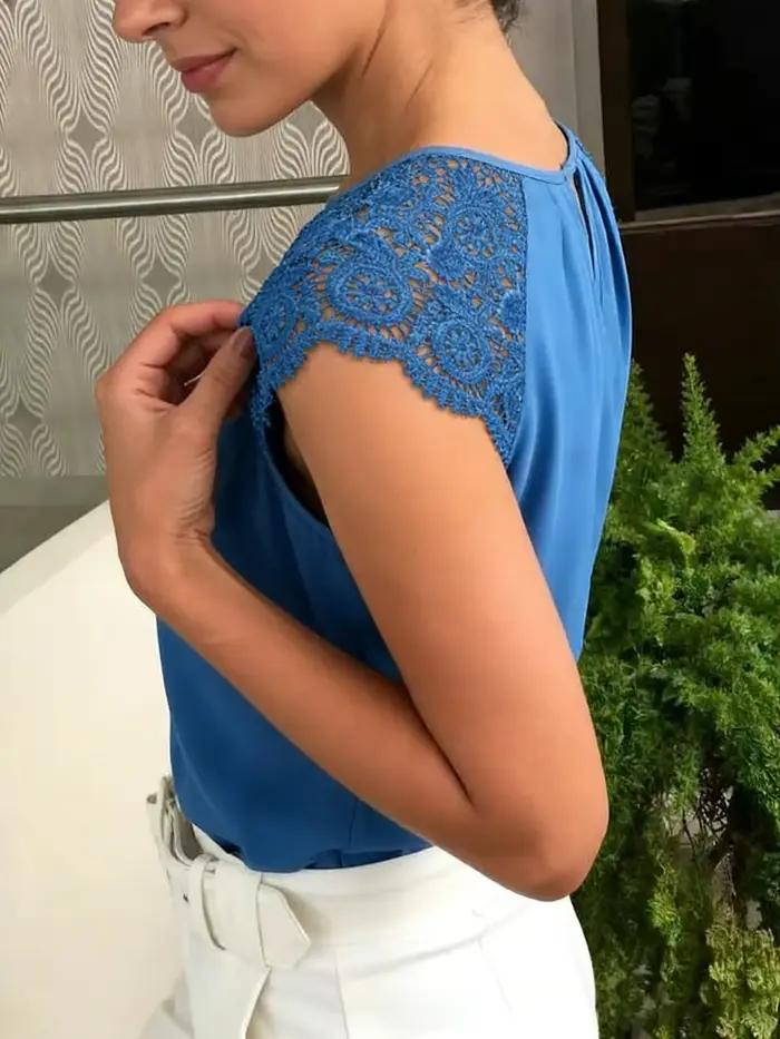 Débardeur Femme Printemps-Été Bleu Royal avec Dentelle et Encolure Goutte d'Eau