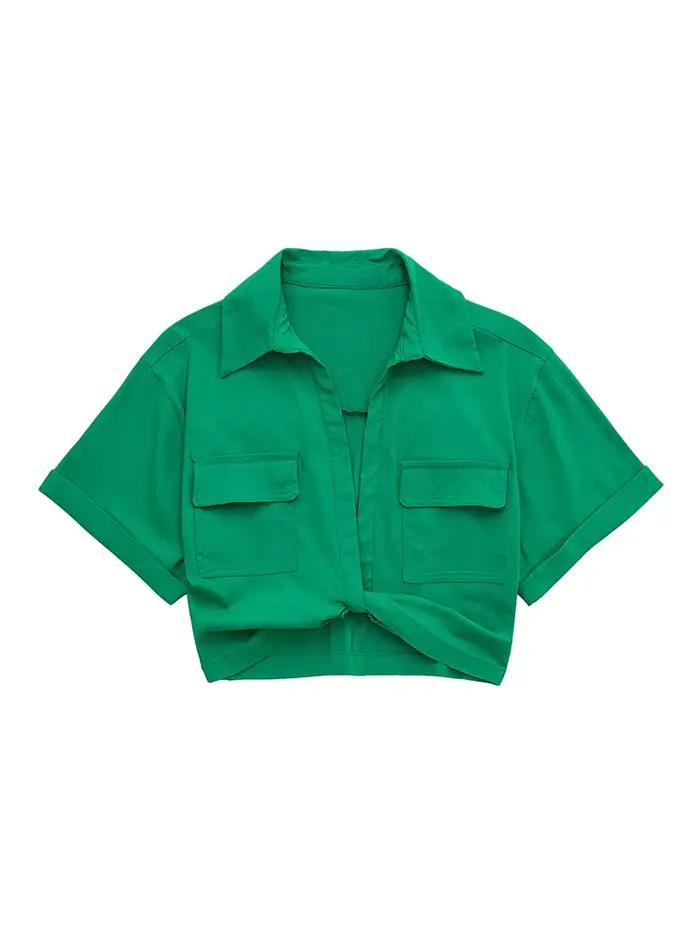 Chemisier à smocks court en lin noué pour femme