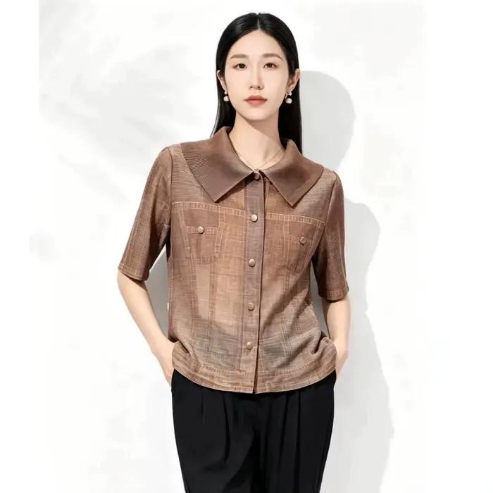 Chemise-veste en jean plissée Miyake à manches courtes pour femme – Nouvelle collection été