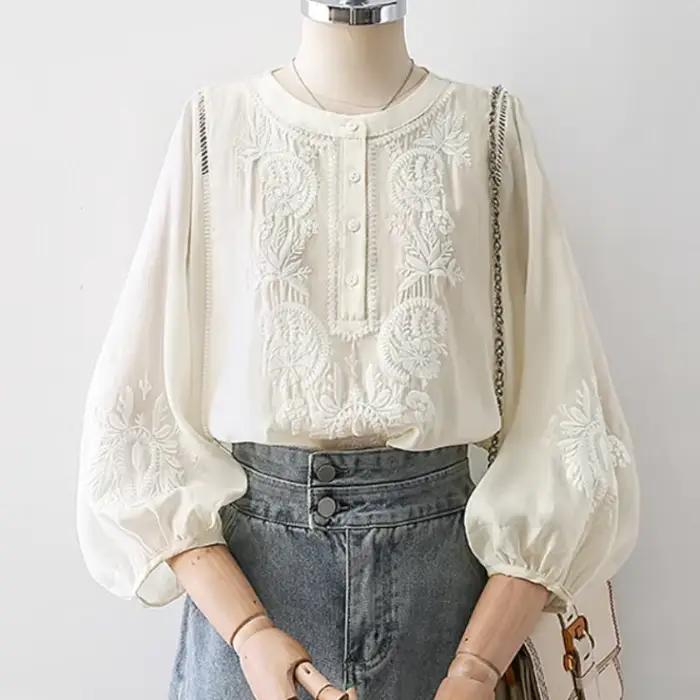 Chemisier à manches sept-quarts pour femme style bohème broderie florale coton rayonne été printemps occassionnels spéciales