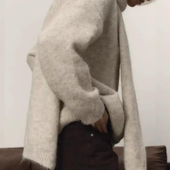 Pull ample bywindto en polyester pour femmes, style tendance, confort automnal et hivernal, haut et écharpe tricotés