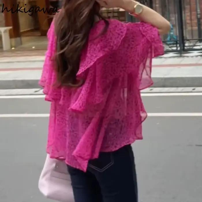 Chemisier en mousseline de soie léopard avec volants pour femmes junior été mode bureau casual occassions spéciales