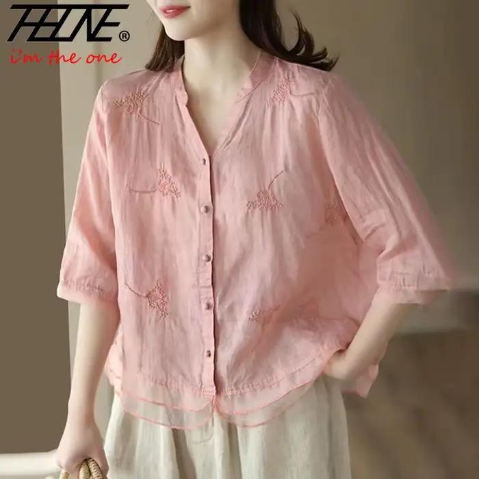 Chemisier Vintage en Coton et Lin pour Femme Décontracté avec Bouton Broderie Albesaine Solide Occasions Spéciales Printemps Ete