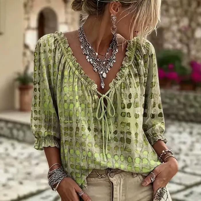 Chemisier Bohème de Plage pour Femme, Imprimé à Pois, Col en V à Volants, Manches Bouffantes 3/4, Chemise Ample Décontractée Légère pour le Quotidien