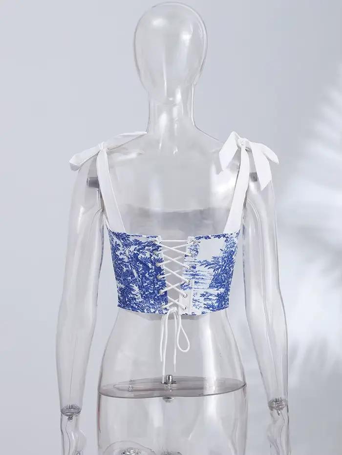 Haut Corset à Imprimé Toile avec Nœud sur l'Épaule