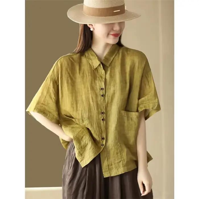Chemisier femme 2025 printemps été couleur unie ample coton et lin dames hauts tempérament lin respirant dame chemise décontractée