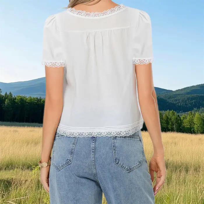 Chemisier à manches courtes pour femmes en dentelle ample et élégant, streetwear pour un look décontracté et sophistiqué occasions printemps été