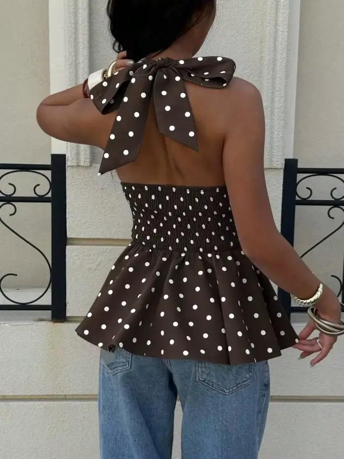 Haut court femme à pois, col licou, style rétro décontracté, sexy, col en V profond, semi-ajusté, couleur unie, ourlet peplum pour femmes, sorties nocturnes, rentrée scolaire