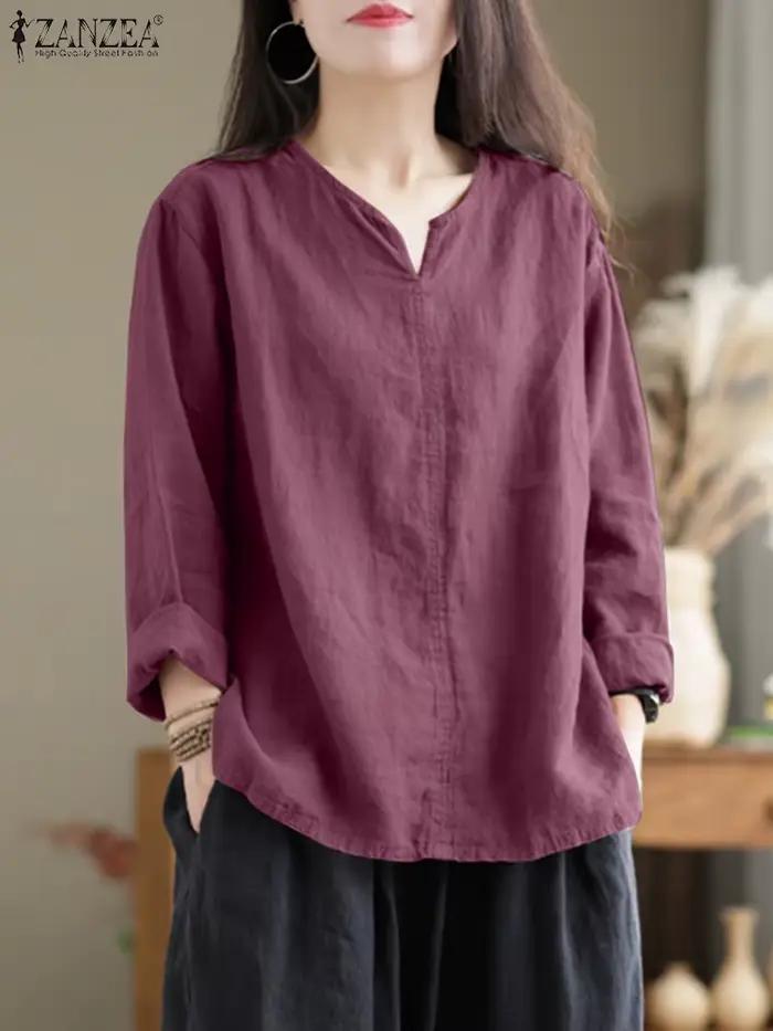Blouse coton ZANZEA rétro solide col en V ample femme printemps été bureau décontractée multicolore occassions spéciales