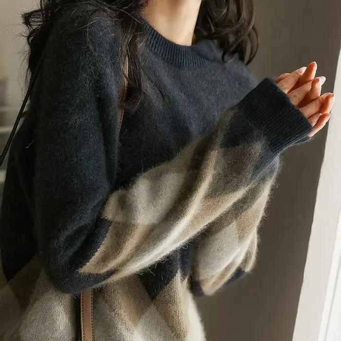 Pull femme rouge Plaid hauts en tricot