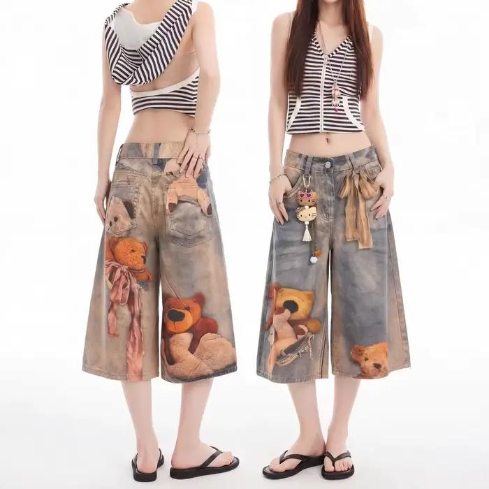 Shorts en jean baggy pour femme, style vintage délavé, imprimé ours en peluche, coupe large, mi-longueur, décontracté, streetwear, occassions spéciales et quotidiennes