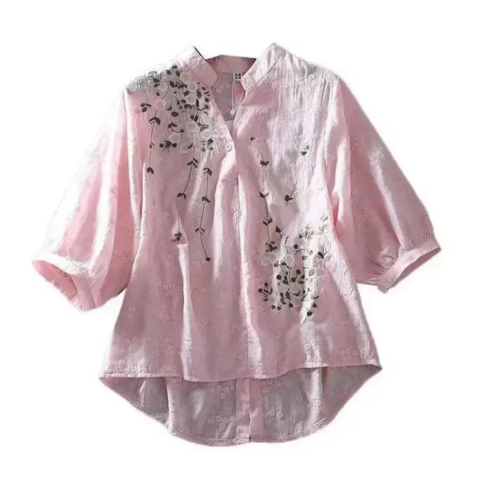 Chemises littéraires en coton pour femmes broderie fleurs femme Blouses col en v demi manches dentelle