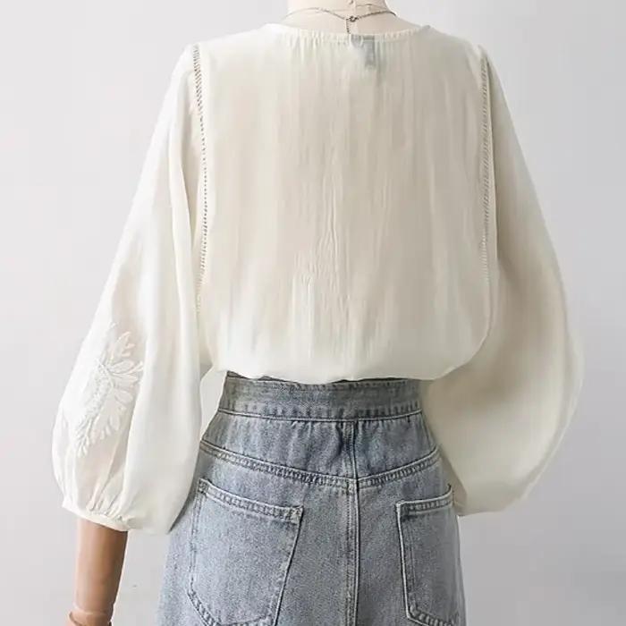 Chemisier à manches sept-quarts pour femme style bohème broderie florale coton rayonne été printemps occassionnels spéciales