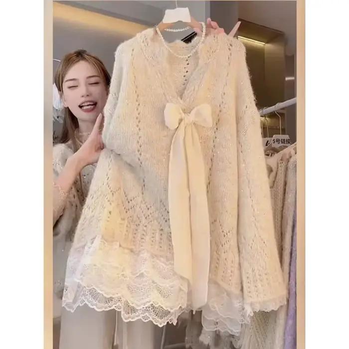 Pull en tricot ajouré en dentelle pour femme, coupe ample, polyester, col rond, automne hiver, décontracté, élégant, pour occasions spéciales ```