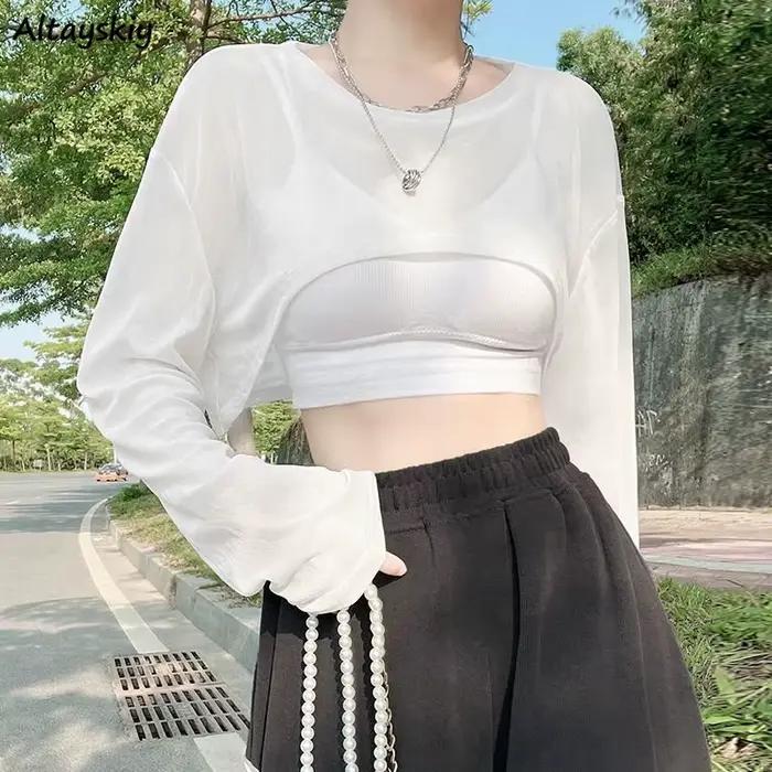 T-shirt transparent à manches longues et col rond pour femme