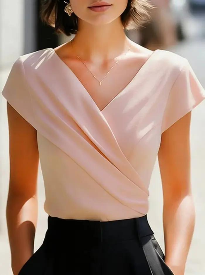 Tunique enveloppante à manches courtes et col en V pour femme, chemisier élégant et décontracté pour l'été, polyester, coupe régulière, blanc, bleu, bourgogne, rose, noir