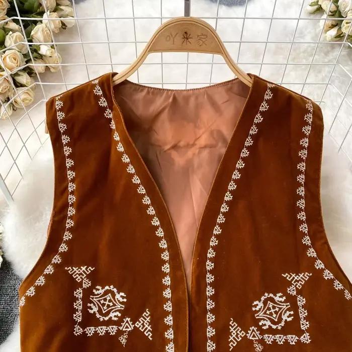 Gilet en coton et polyester imprimé Dancing JL Ants col en V style folk vintage pour femmes occasions spéciales