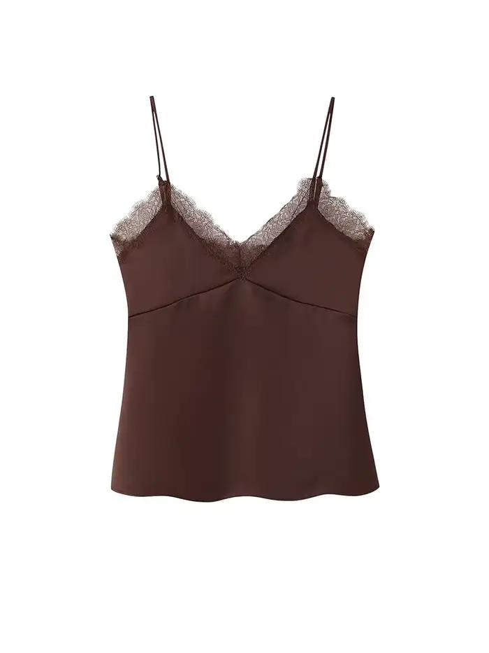 HH femme 2025 noël nouvelle mode dentelle garniture fronde sans manches col en V Mini haut