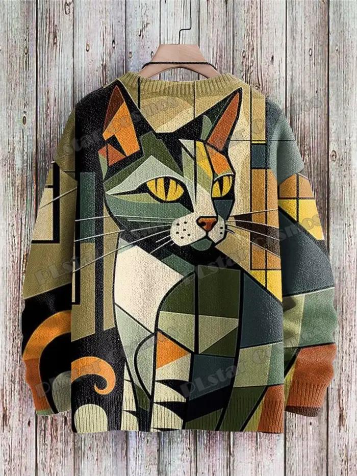 Pull en tricot unisexe avec motif d'art de chat abstrait géométrique mignon imprimé en 3D