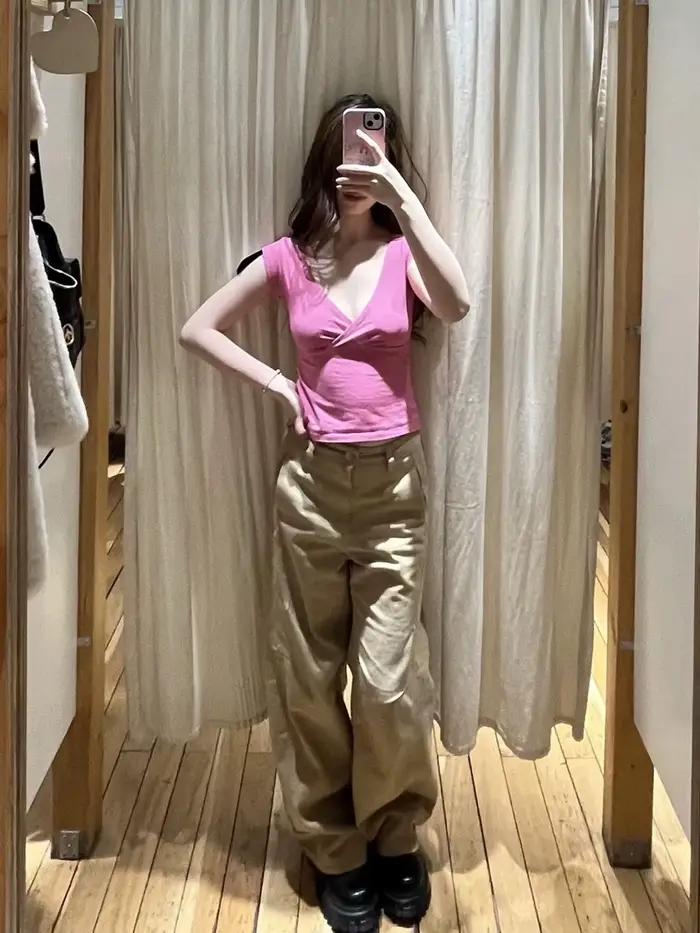 Nouveau Crop Top Rose Rouge Slim Femme Sexy Col V Manches Courtes Coton T-shirt Court Uni Décontracté Simple Doux Polyvalent