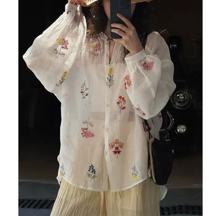 100% lin femmes été Sexy bohème Blouses col en v fleur broderie